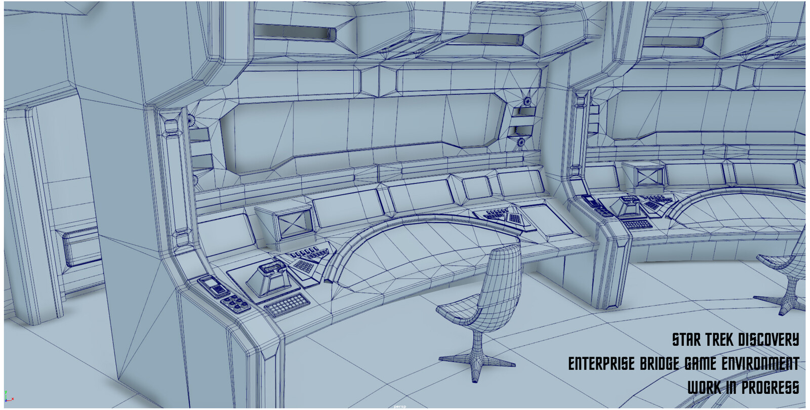 I am currently recreating the re-imagined USS NCC-1701Enterprise bridge captained by Christopher Pike from Star Trek Discovery as a real-time environment. (Hence the triangles, CG friends!) I am currently working on texturing and lighting the environment 