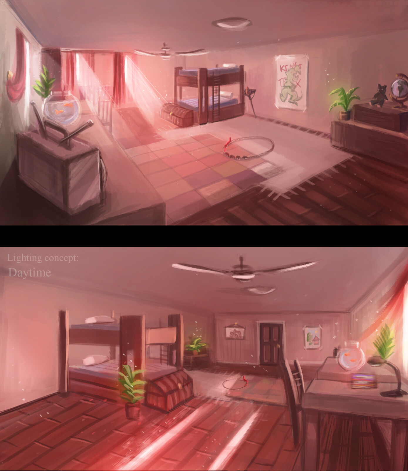 Paint over of the original concept for a child's bedroom. This set the overall mood and colour palette for the game.