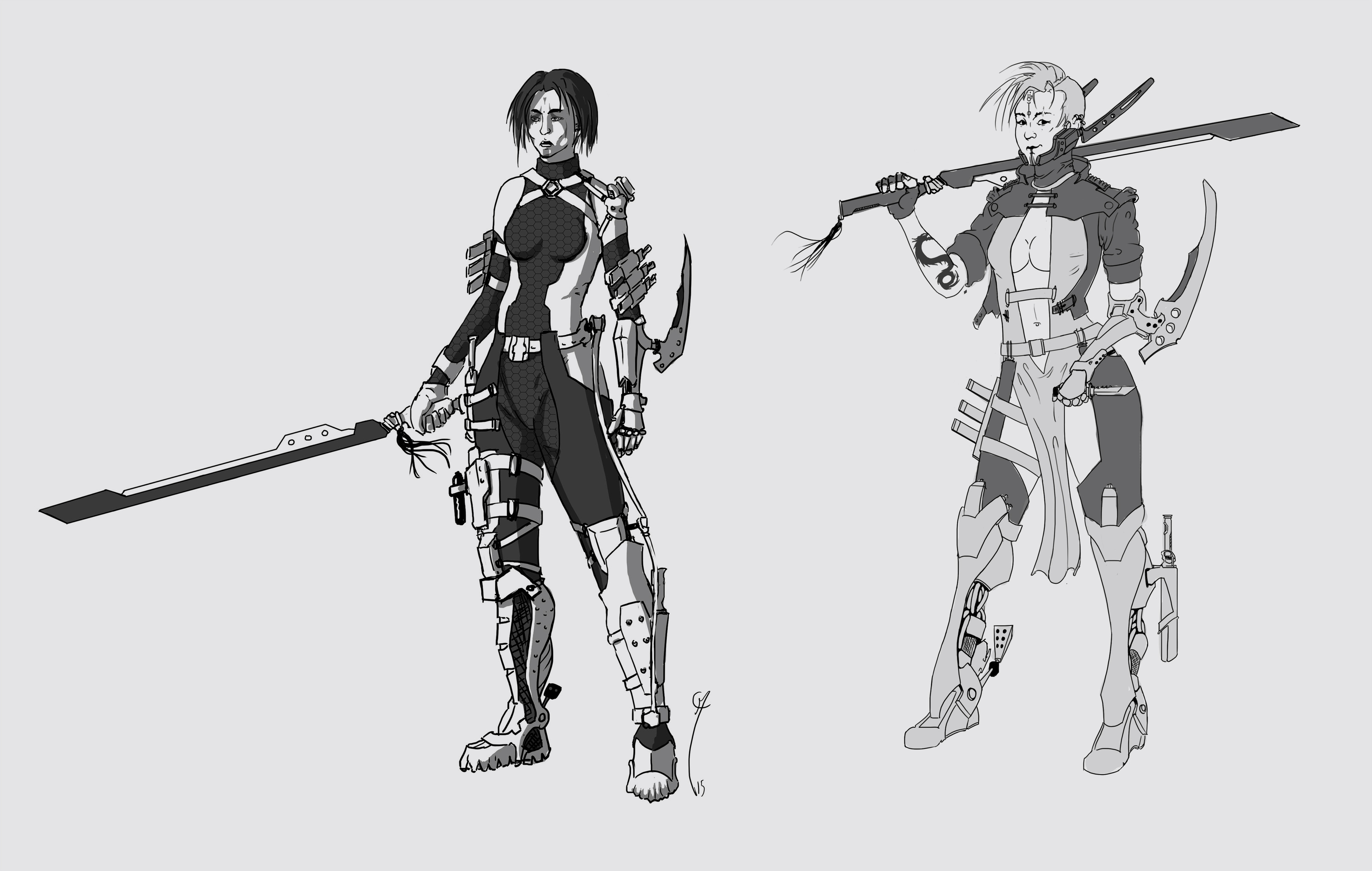 Early concepts for Amy. She is one of the 3 playable characters. 

Amy needed to be a badass cyberpunk girl with a lots of blades and sharpened stuff. 
I first had in mind a realistic suit for close combat but was asked later to make a "lighter" suit. 