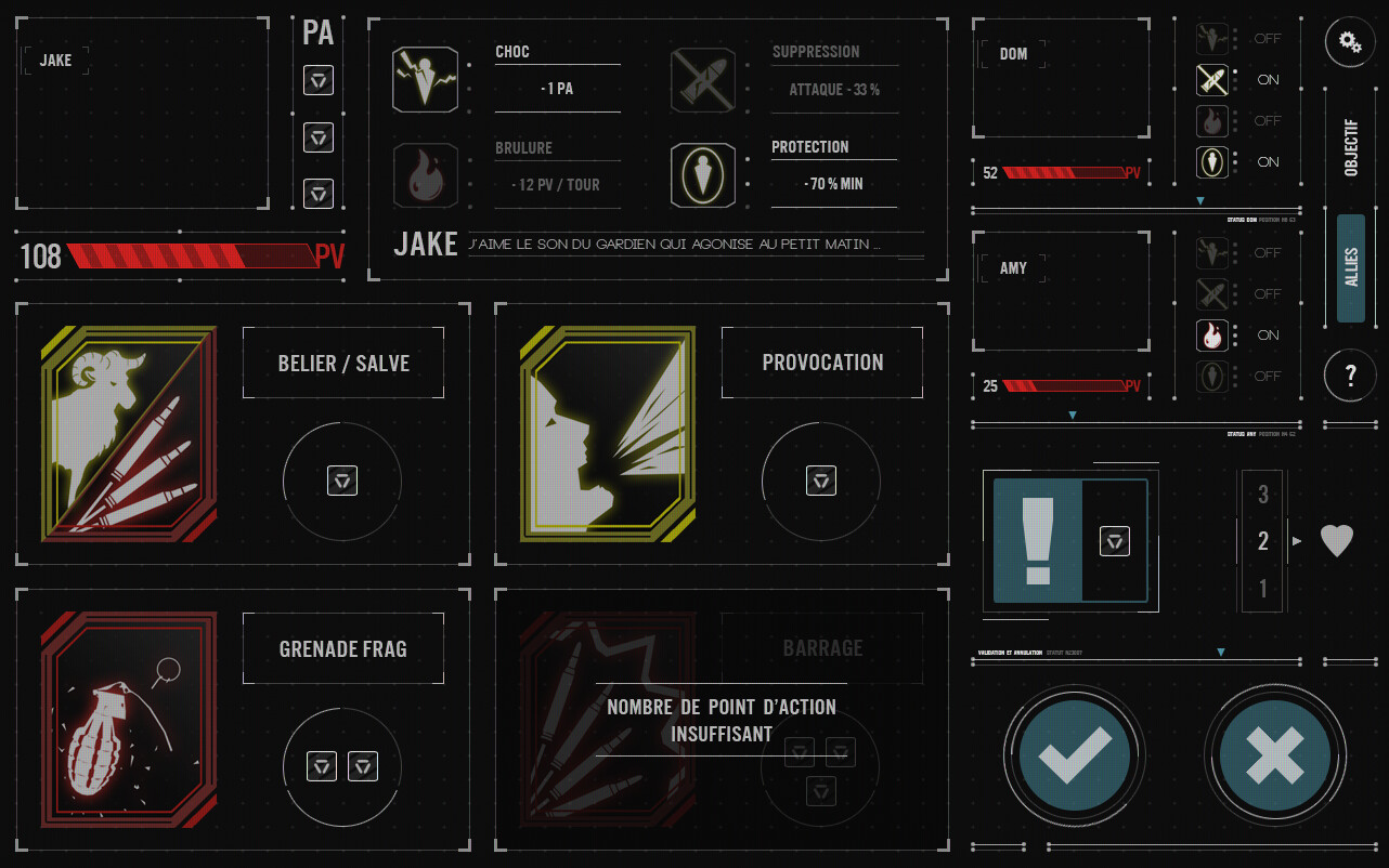 Interface, displayed on the second tablet. Used to explains the rules, gives the objectives, explains the skills of each characters, ...
Representative of a team work. I made some 2D assets for the interface. 