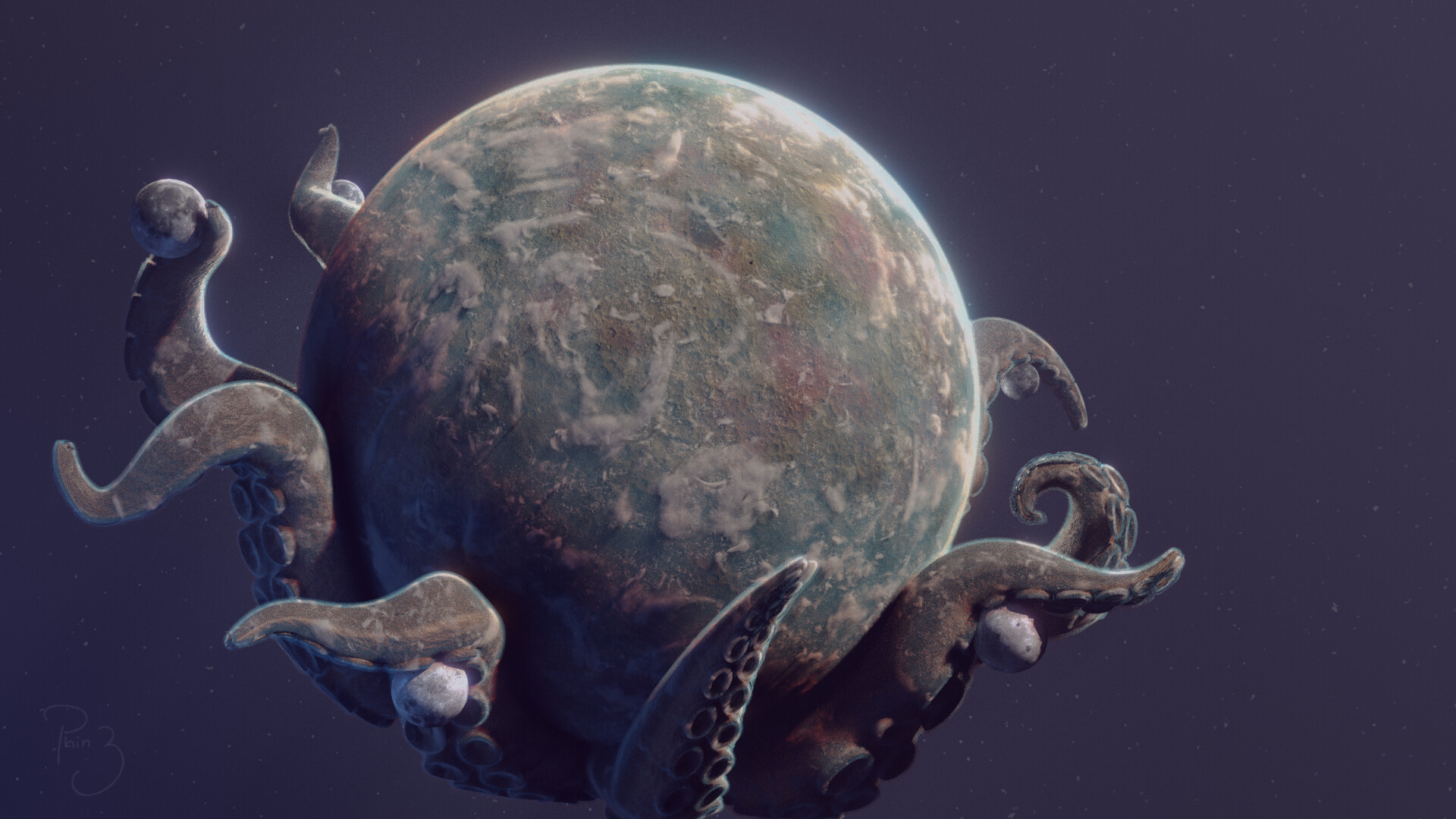 A 3D render of a planet with octupus tentacles coming out of it, holding moons.