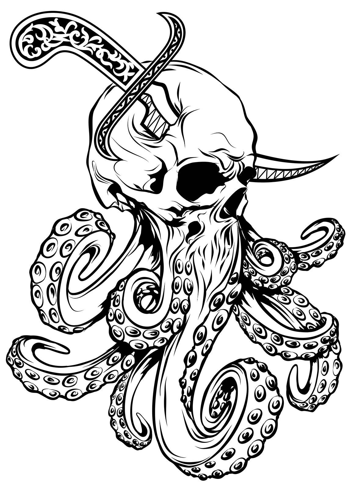 Deep Sea Colorful Octopus Shark Animal Skull Tattoo