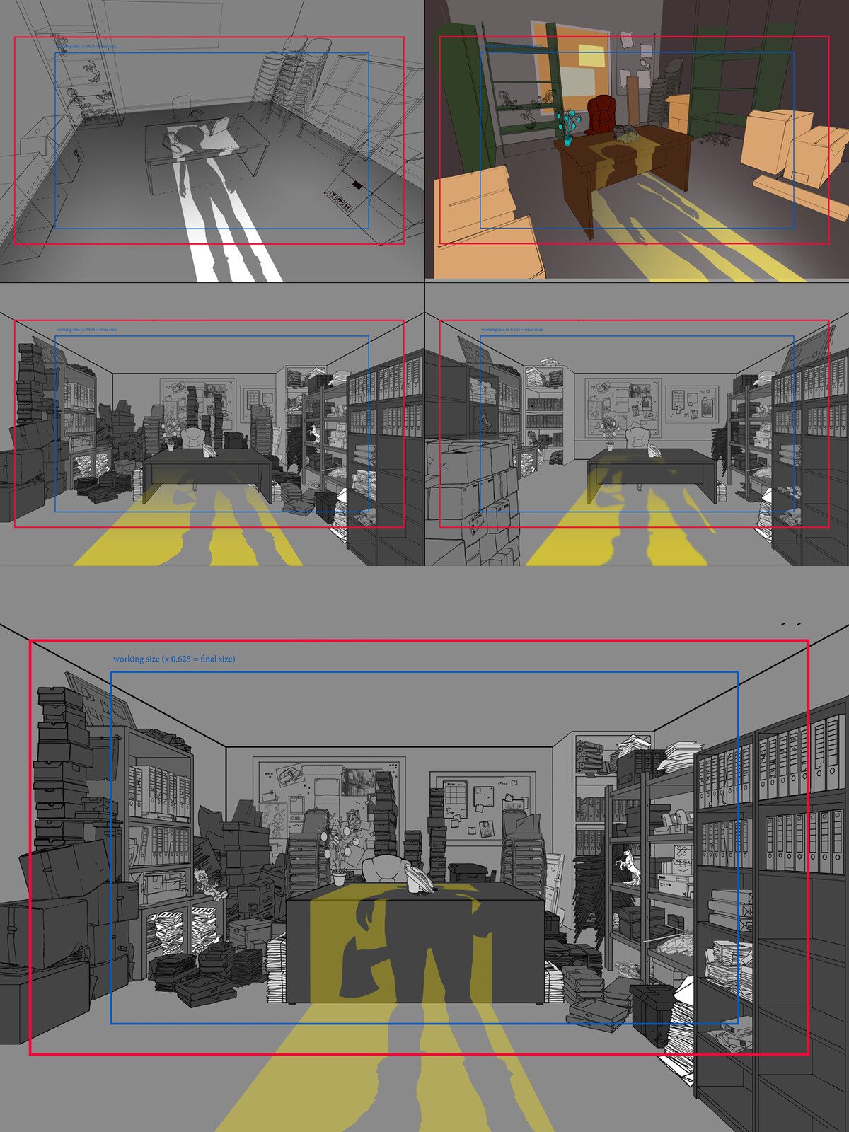 Top 4 thumbnails: previous versions
Bottom: final lineart for a scene, with the light from the doorway suggested for the animators.