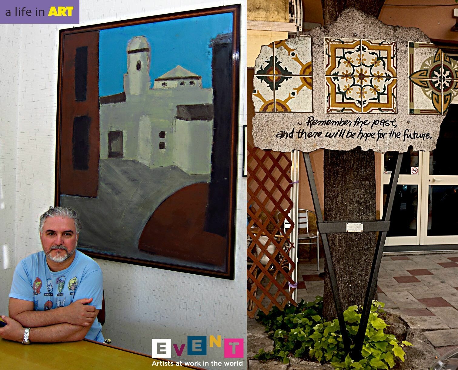 Vince Mancuso in Italy with his painting IT BEGINS, 4x5 feet, oil on canvas and to the right photo of his public sculpture in the town of Delia, Italy.