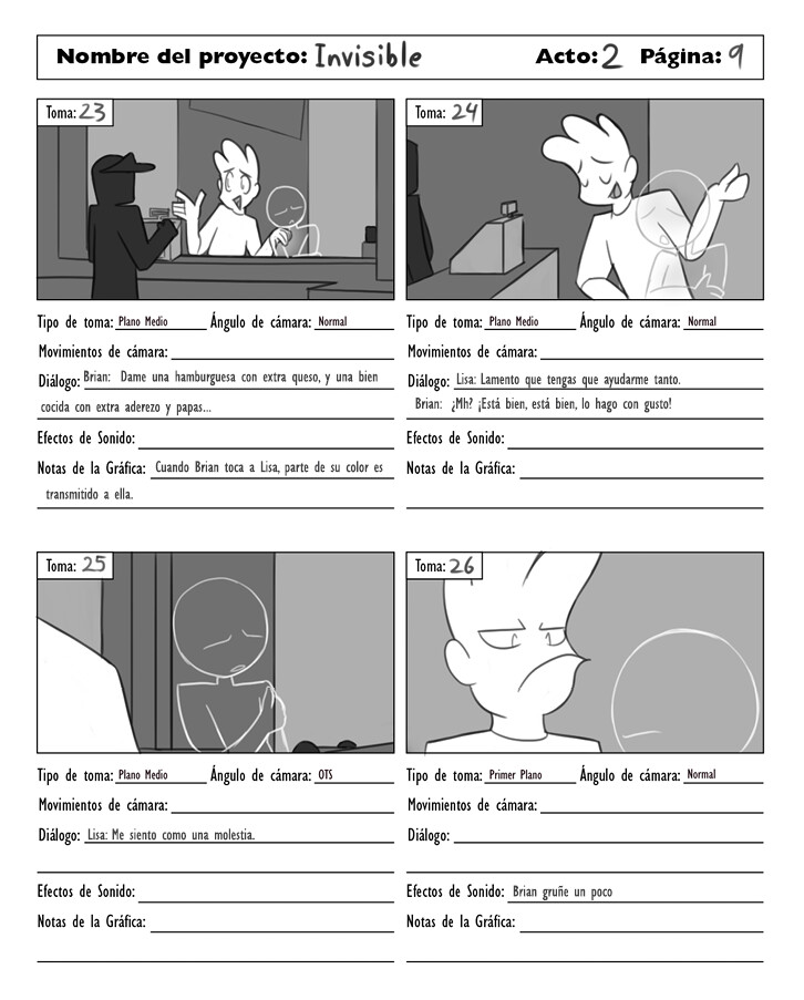 Storyboard page for an animated short, Invisible, 2019