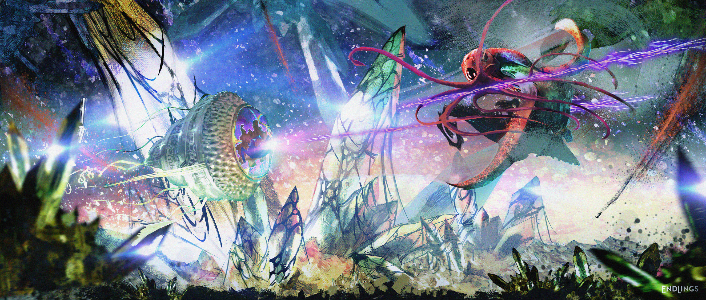 Alien squid high-speed chase through a crystal field.