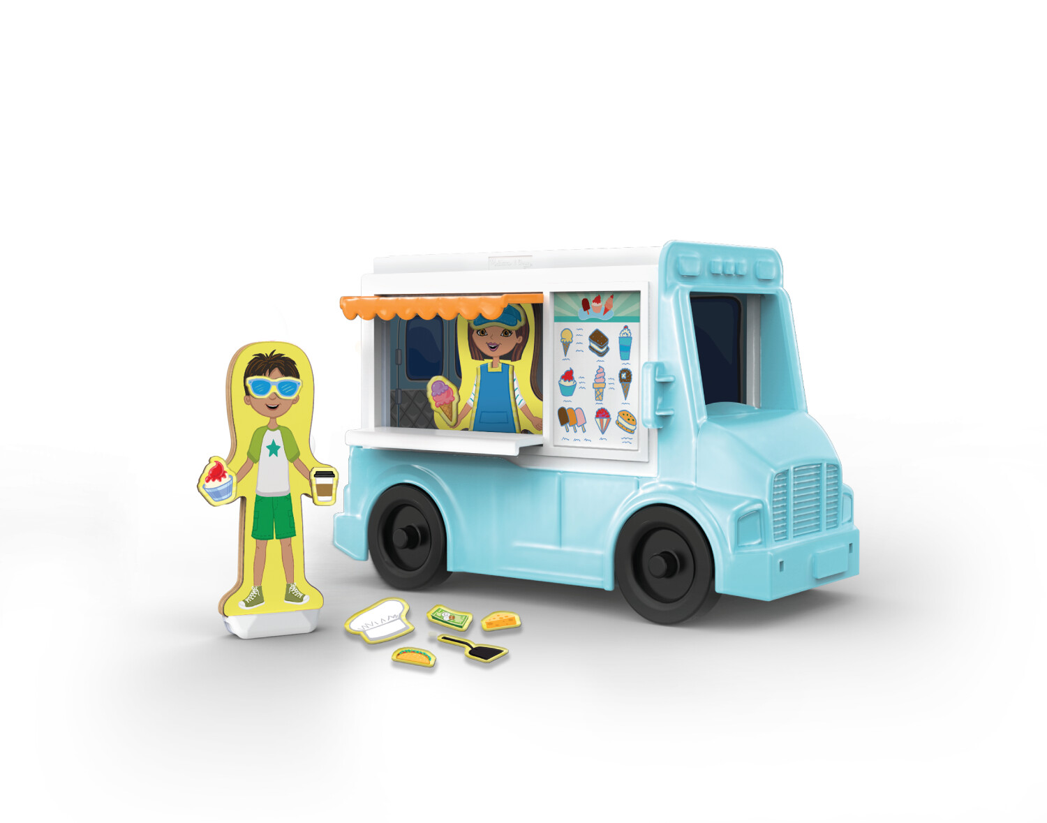 Food Truck Set. The set includes extra magnets and panels to convert the ice cream truck to a burger truck or taco truck. The plastic truck piece was also used in the Hospital, School, Farm, Restaurant and Safari Truck sets.
