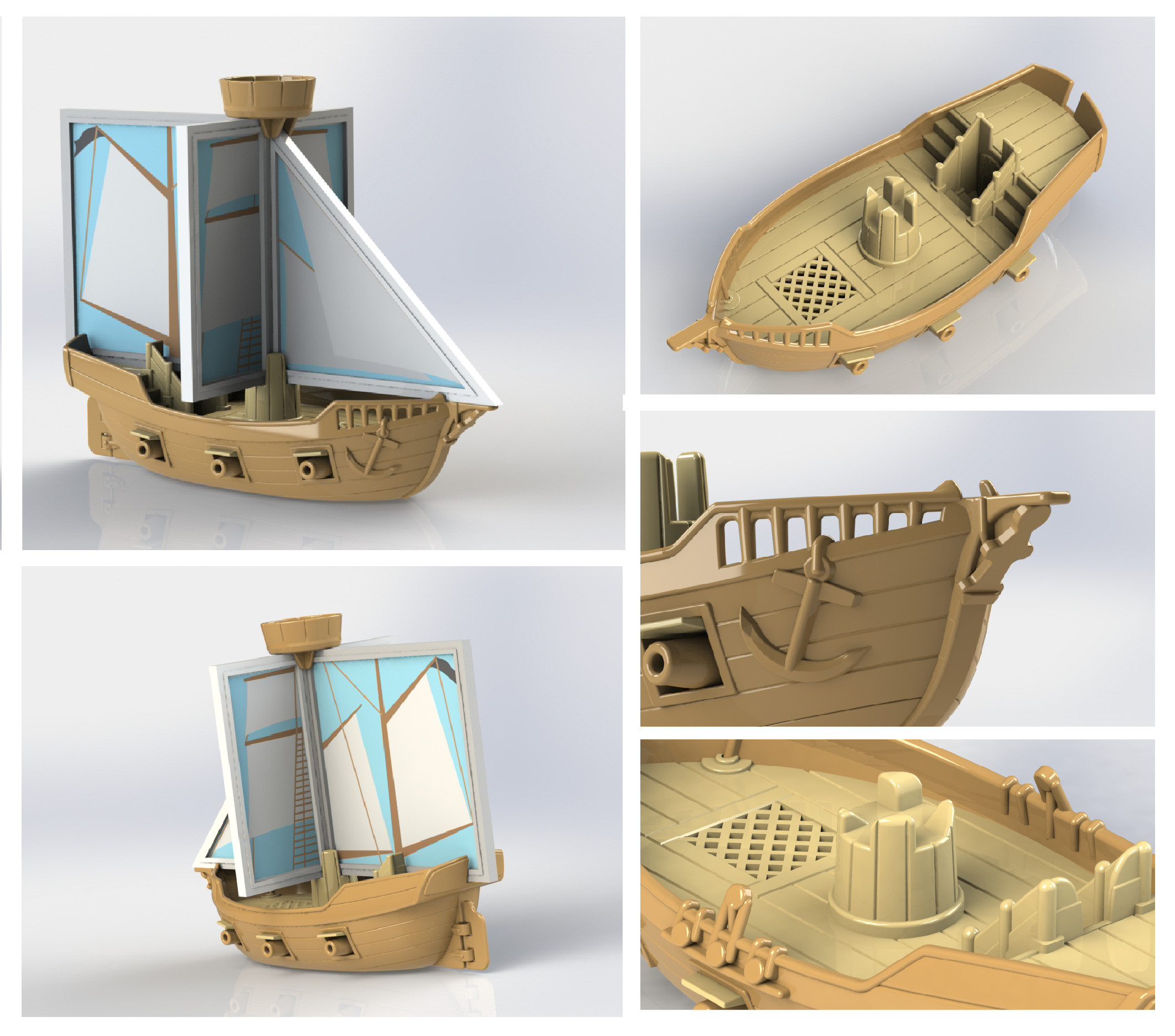 Solidworks renderings of the pirate ship, constructed from 9 pieces: 2 hull sides, the deck (which protrudes through the hull sides to form gunport covers), a movable rudder, crow's nest, and 4 magnetic panels.