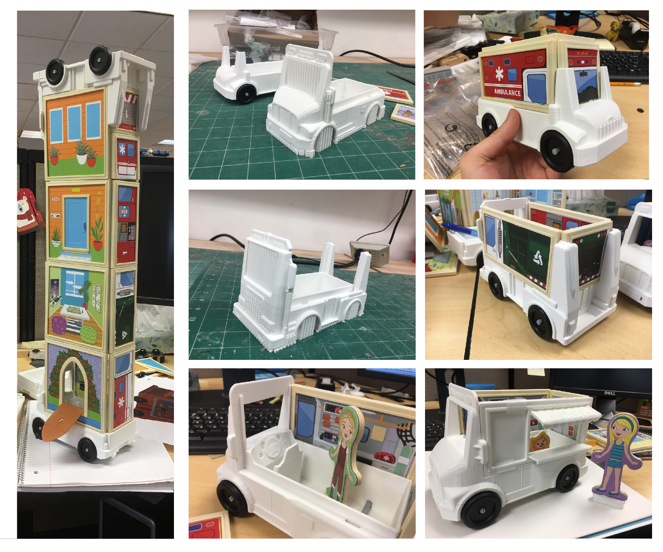 3D printed mockups of the truck chassis to test interaction with magnetic panels and wooden play figures