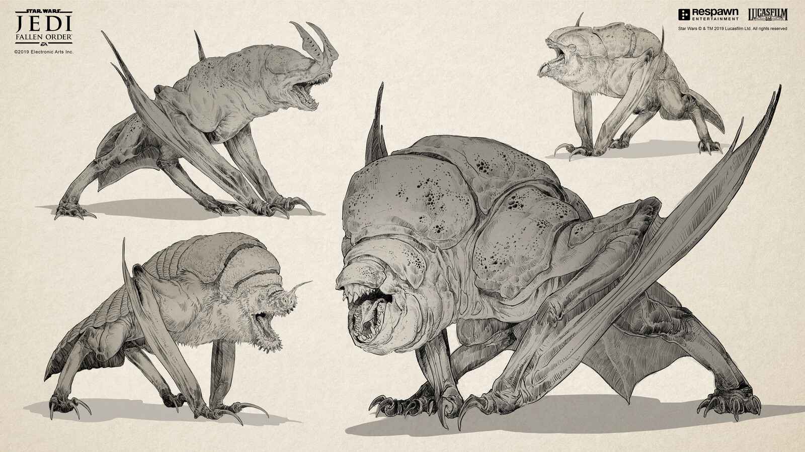 Here are just a few sketches of the wide exploration we made on the Gorgara.  It was always going to be based on a bat.