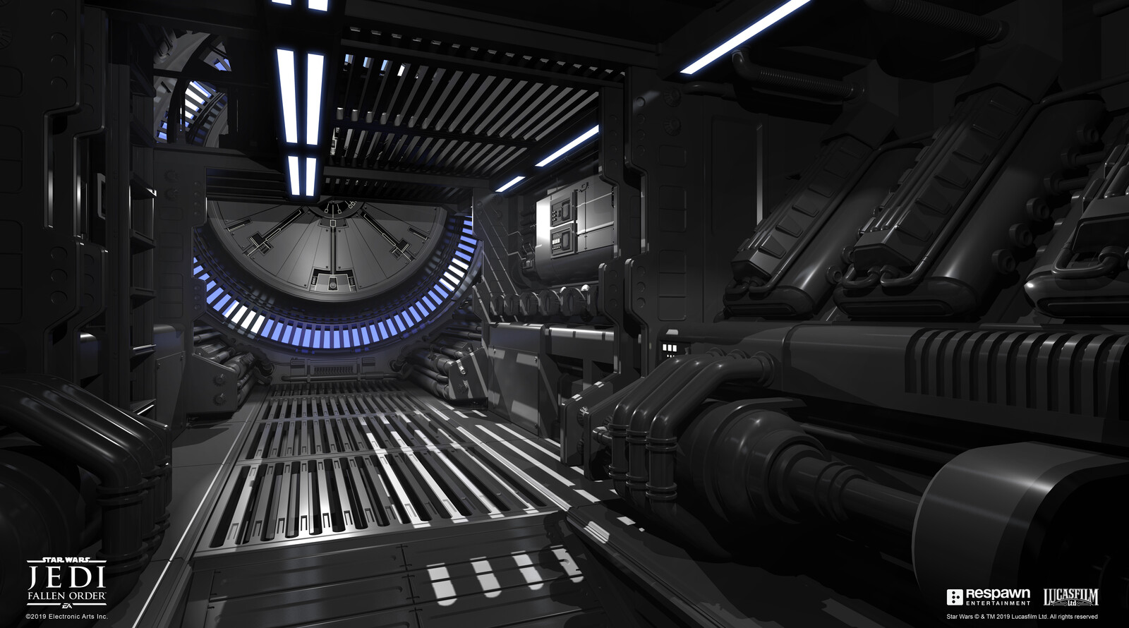 This is the lower level of the Engine Room inside the Stinger Mantis. We went for a submarine feeling which is much more utilitarian than the more clean and luxurious living quarters. All the interiors actually fit in the real hull 3D model of the ship.