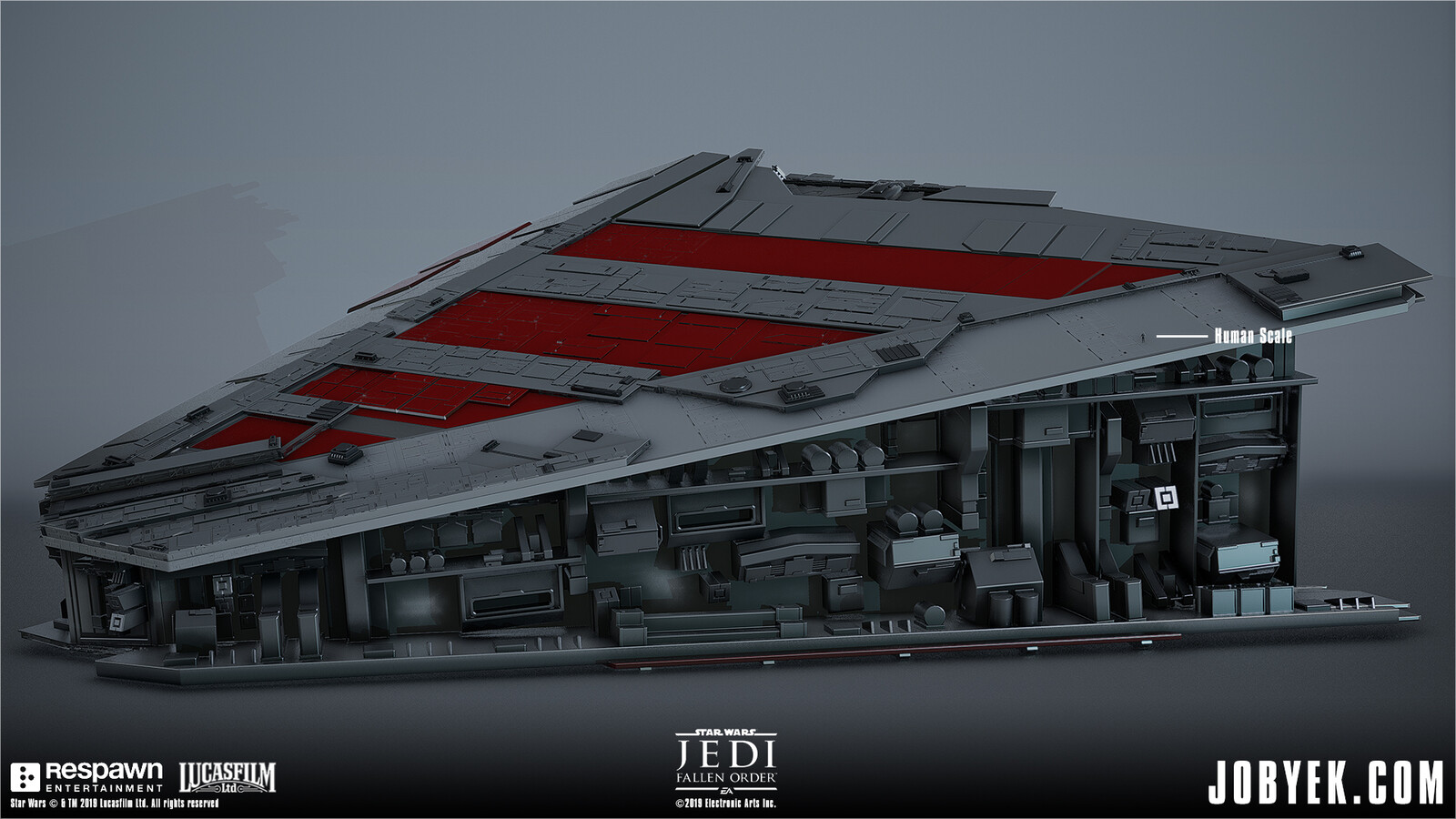 Modeling work on Venator Wing that is used and navigated on throughout the level. This was supplemented by smaller modular panels added in-engine (but shown here merged). Initial base model from DICE.