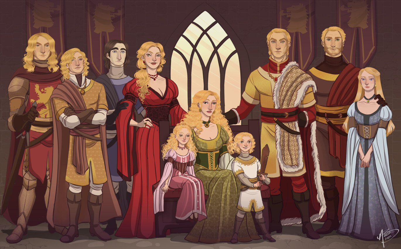 Left to right: Tygett, Gerion, Emmon Frey, Genna, Cersei, Joanna, Jaime, Tywin, Kevan &amp; Dorna Swyft! 