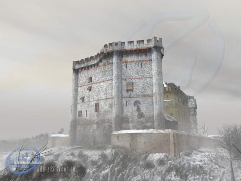 On the north side, the castle has a five-story shield wall, reinforced with tourelles, slightly bent, with a height of almost 20 meters.