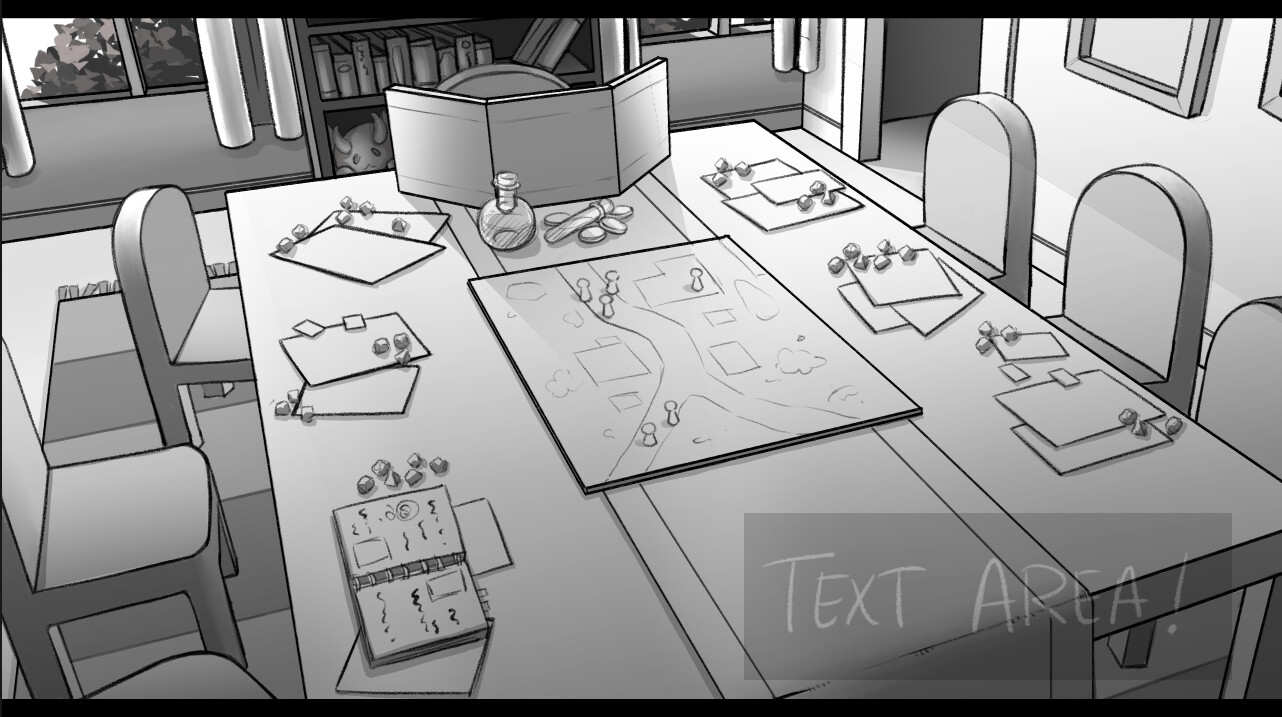 Did a rough layout of the table and chairs in SketchUp to make sure I got the angles right. Then used that as reference for the rough image.