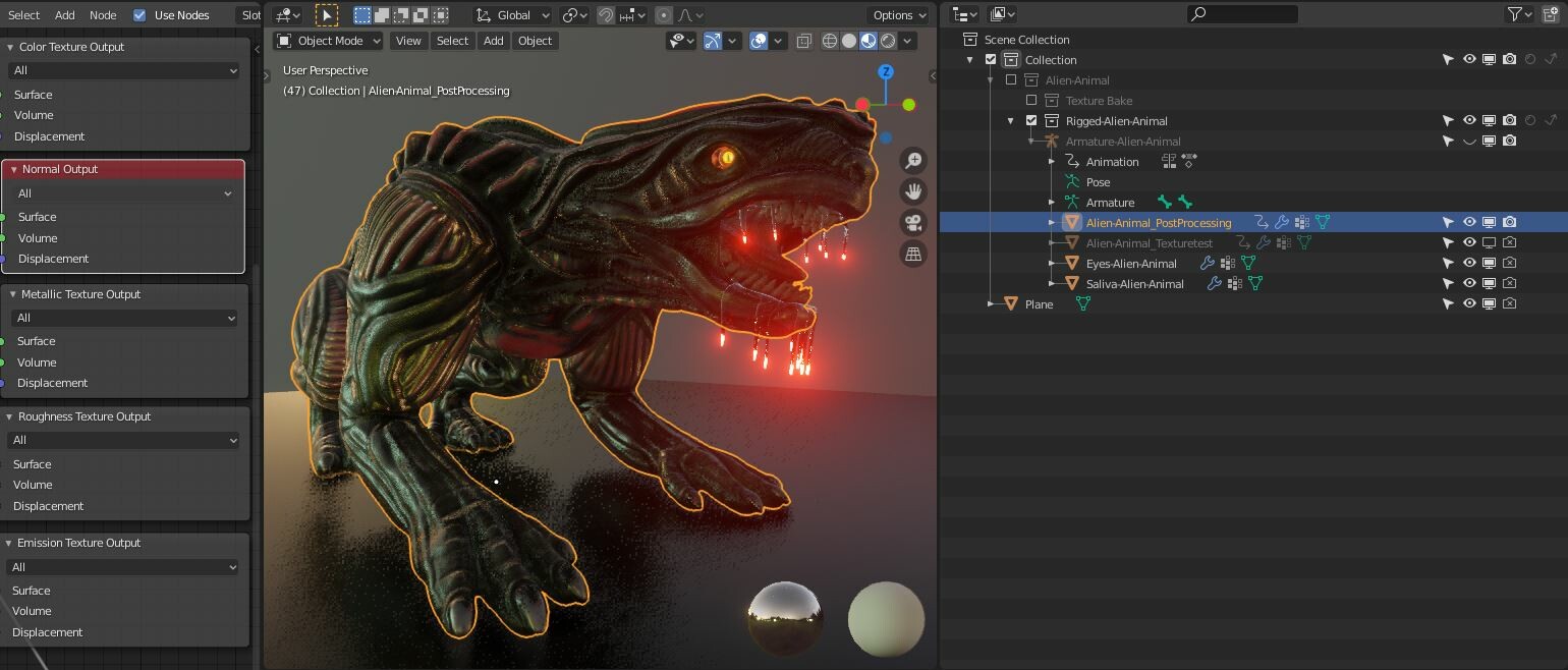 Object – Alien-Animal_PostProcessing :

The object is for setup the post processing material, it also can be high-poly to get more details.
It is parented to the rig and has an Armature modifier for posing.
