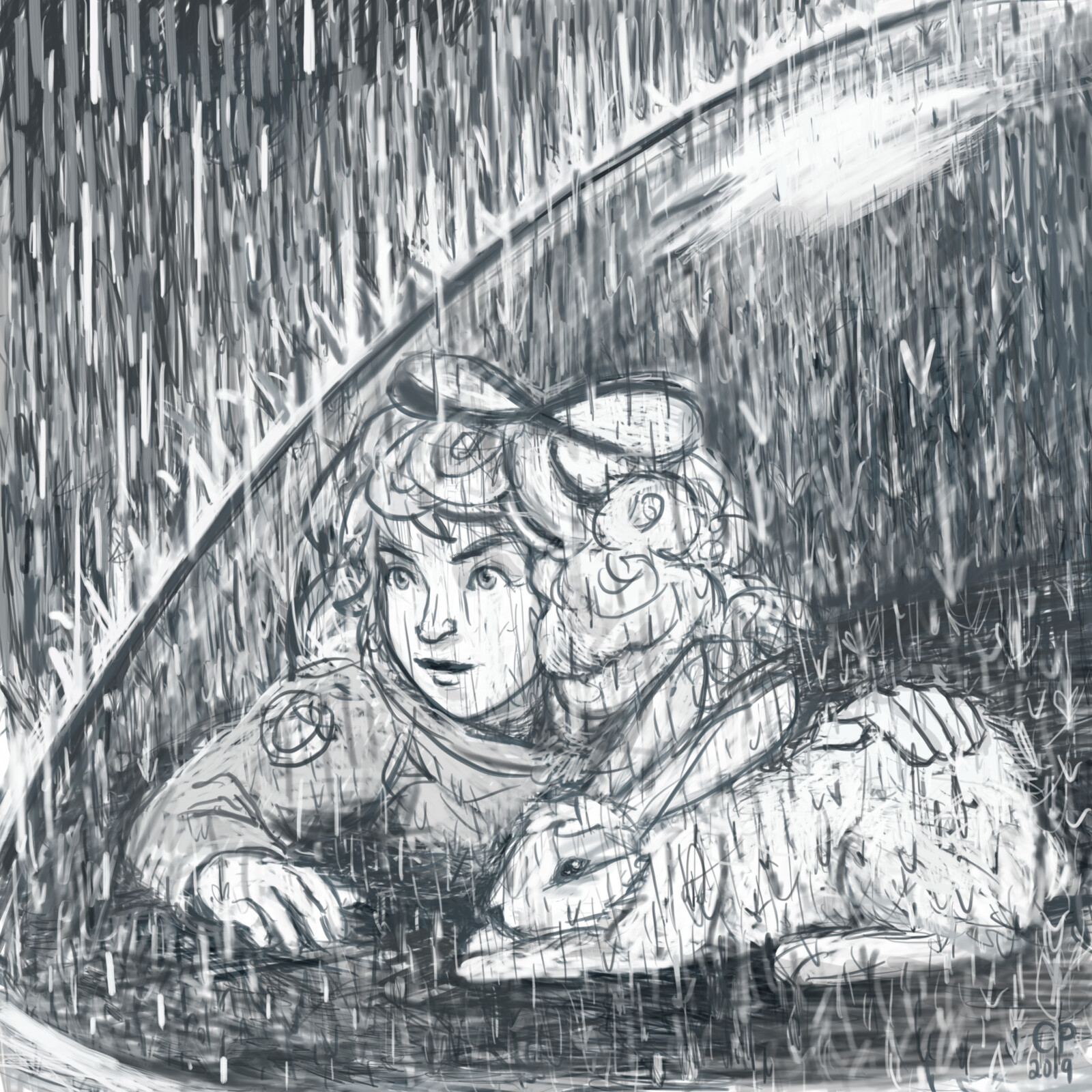 a girl and her bun hiding from the rain under a dome.