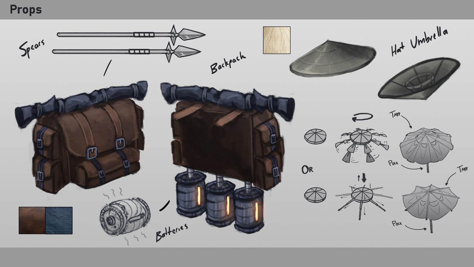 Designs for the backpack, items for sale, and how the hat can be turned into an umbrella.