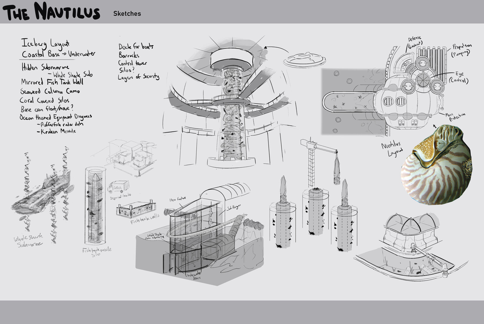 Initial concepts looking for a central idea to focus on (using a Nautilus to guide layout and defensive aesthetic).
