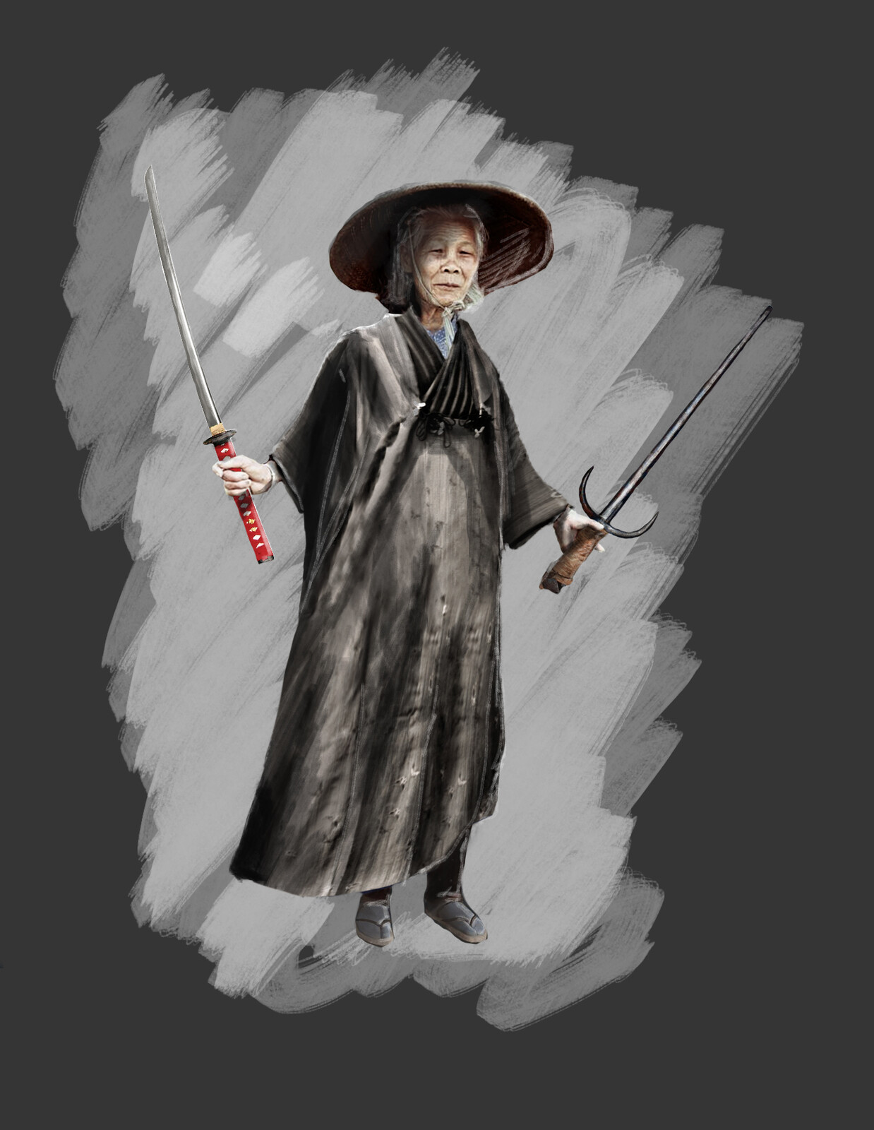 character drawing task, elderly warrior woman.