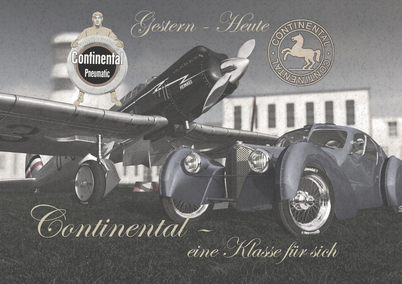 Heinkel HE 70 Blitz Schnell airliner and Bugatti Type 57 with Continental tires on an advertising poster of the 30s