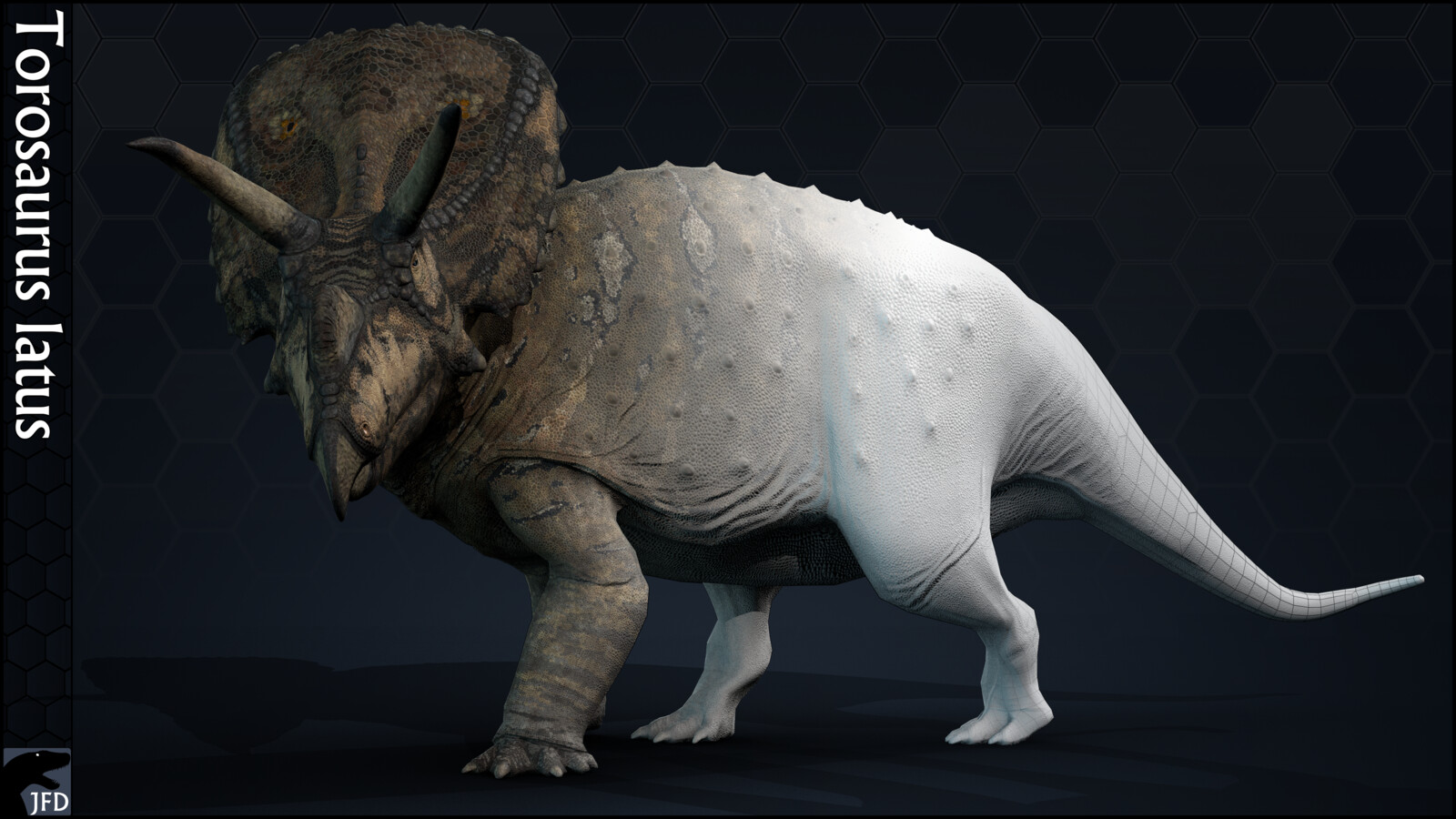 Torosaurus latus full body, normal map and wireframe render.