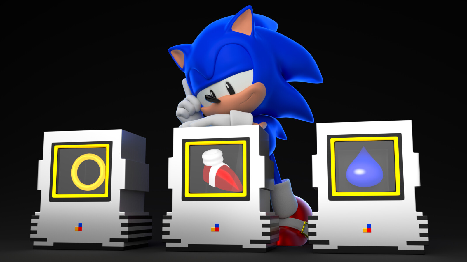 A fun little alternate angle of Sonic admiring a Speed Shoes Item Box. I made custom materials for TheBlueBlur's Classic Sonic rig (https://gumroad.com/imeda3d#AZGHj)