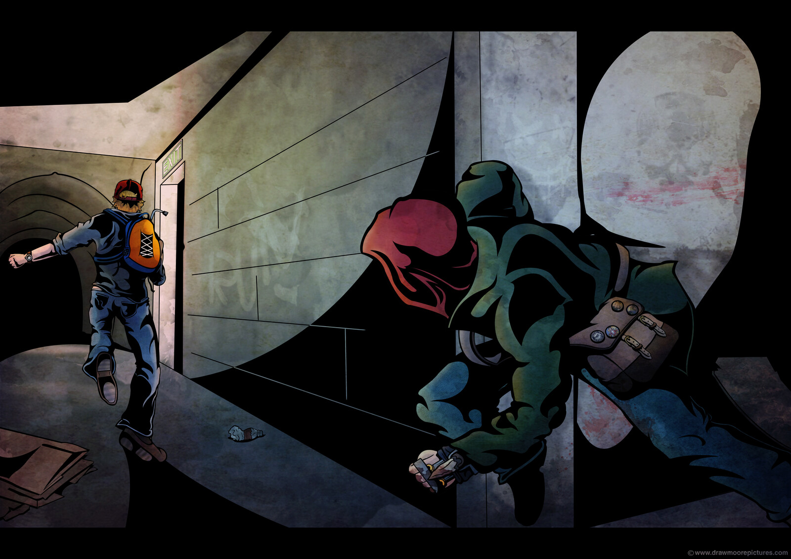 Action concept art where Tracey flees from an enemy in the dark tunnels under the city. One of the older pieces made. Tried to capture movement and speed, but perhaps at the cost of a moody and scary background?