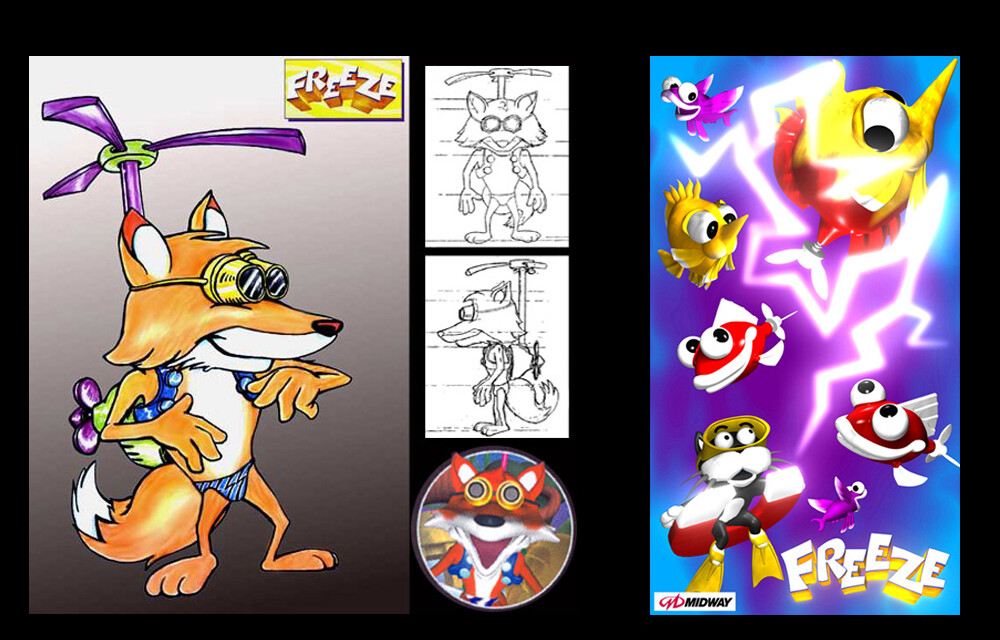 Freeze Character Design &amp; Promotional Ad Graphic created for this game intended for the Japanese arcade market. I designed most of the game's characters and created 3D rendered backgrounds and character animation sets.