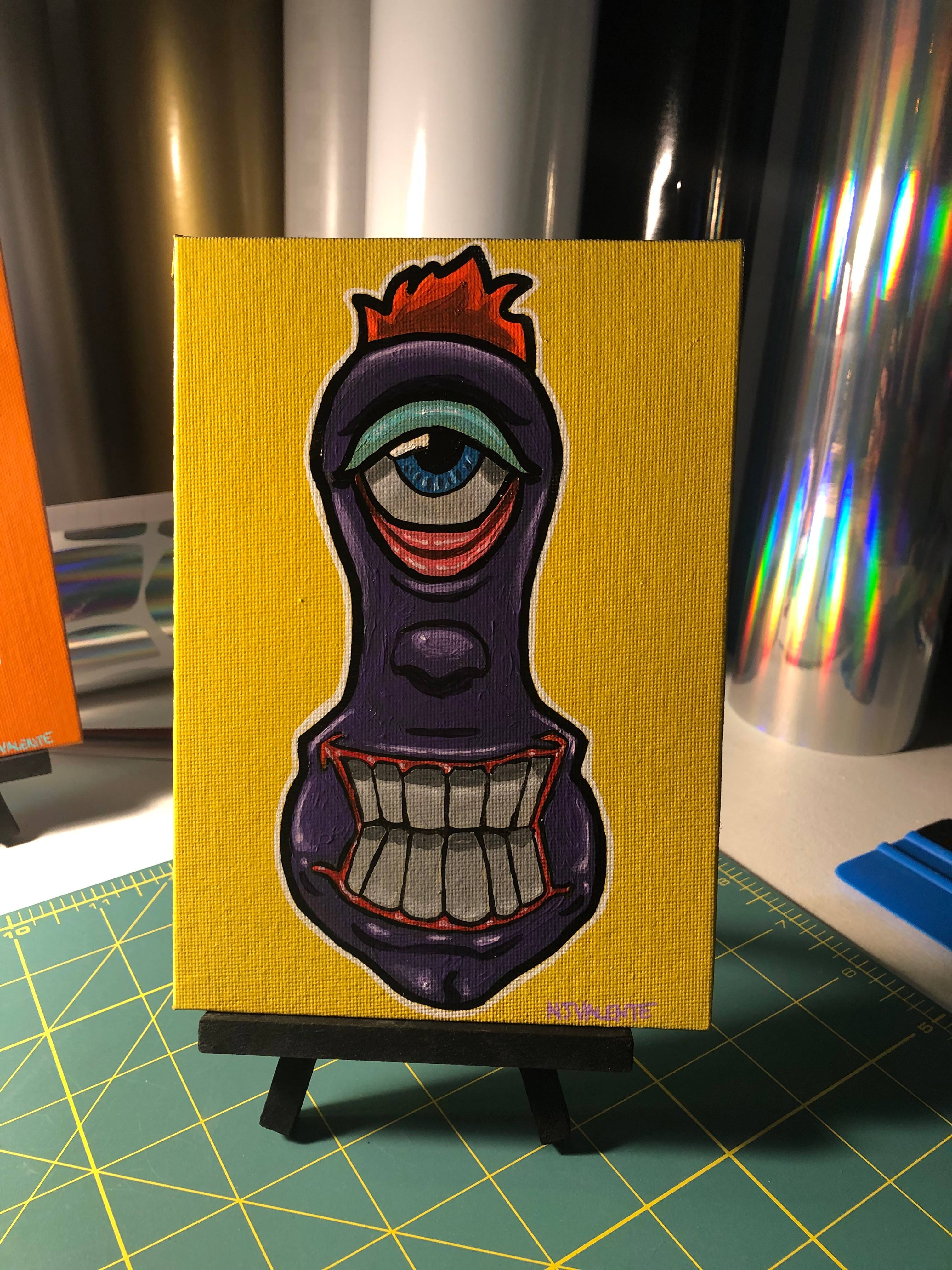 Purple Funky Face Eyeball painting, spray painted background. Character art don in acrylic paint.