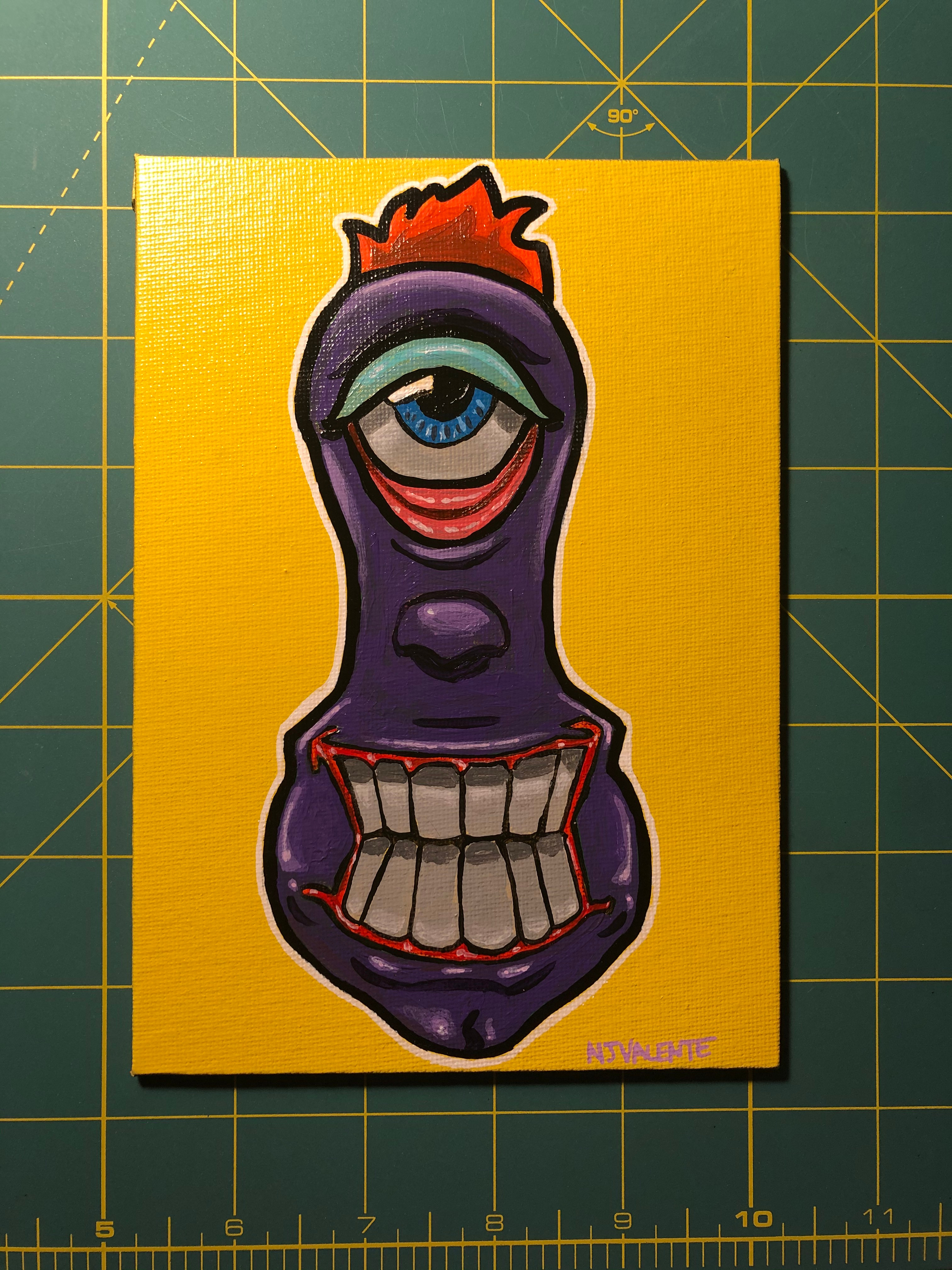 Purple Funky Face Eyeball painting, spray painted background. Character art don in acrylic paint.