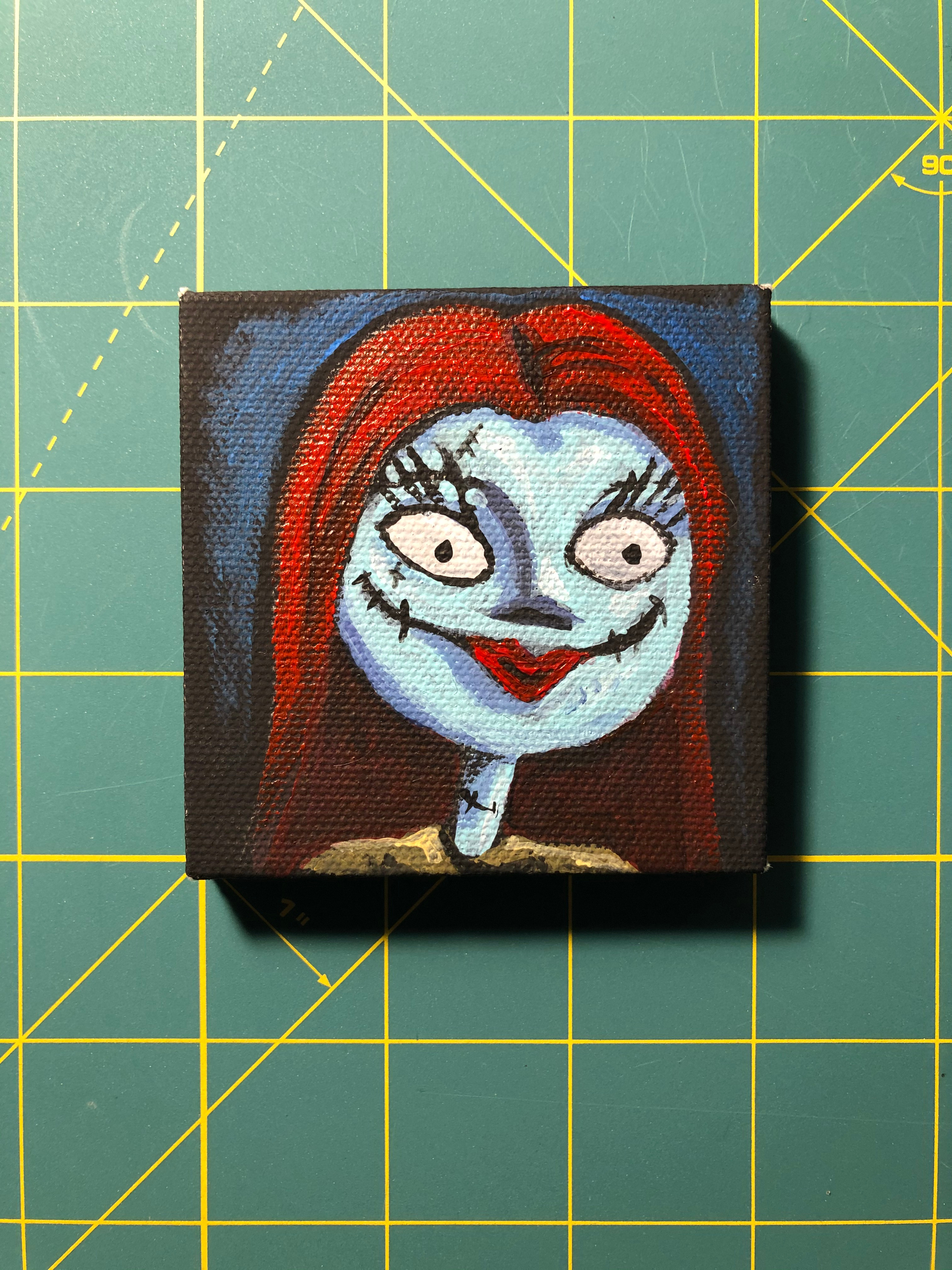 Nightmare Before Christmas, Sally. Acrylic paintings on black mini canvas, 3x3 in.