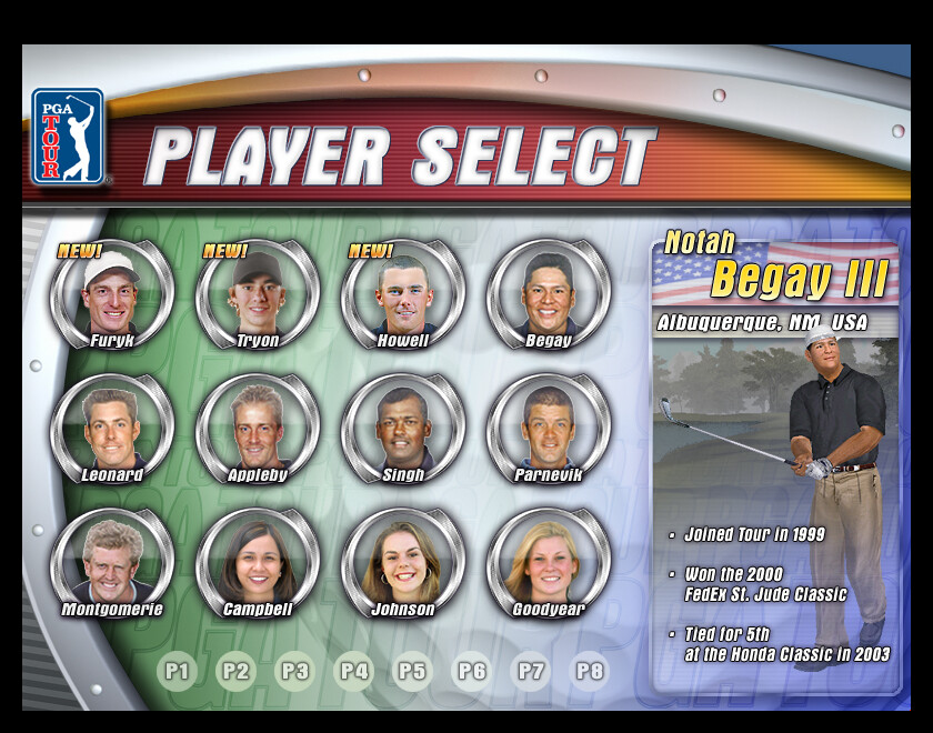 PGA Tour Character Select Screen. Another trackball-designed UI screen from this arcade game.