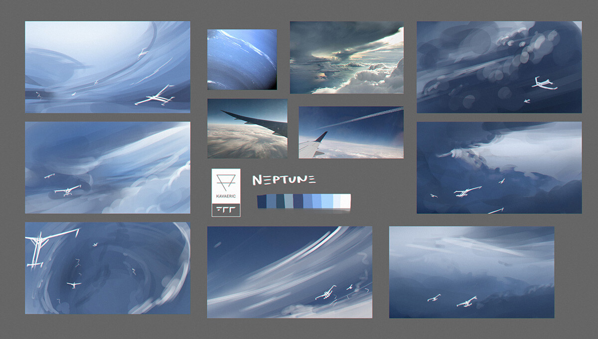 Exploration thumbnails for Neptune. Eventually I chose something akin to the one on the top-right, to communicate the scale of the gliders.