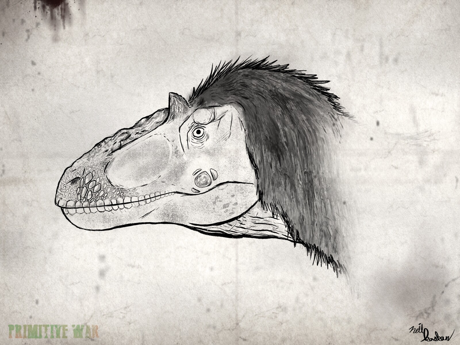 Visual pitch of the anthology's  Yutyrannus. Incorporated the scales on the snout to indicate it's connection to tyrannsaurus, who has similar scales. 
