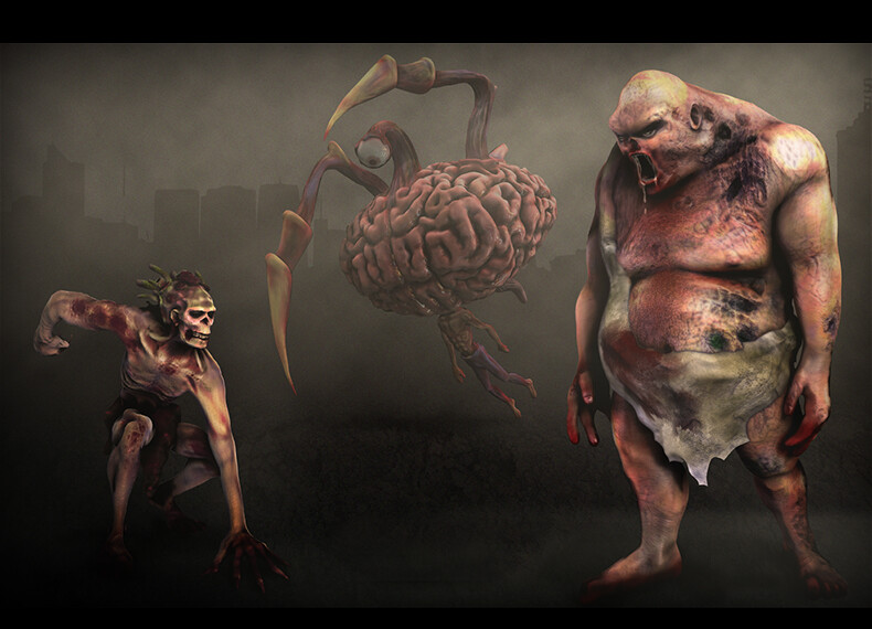 Mutant Zombies. I served as a Senior &amp; Lead Artist for this Unity-based indie game, released on Steam. In this image, I modeled/textured the middle 'brain-zombie' creature + laid out, rendered the final image.