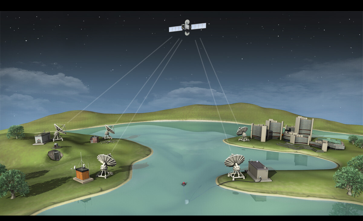 Satellite communication between centers (Armada 3D). I modeled, textured, lit and rendered this graphic for a government sub-contract project.