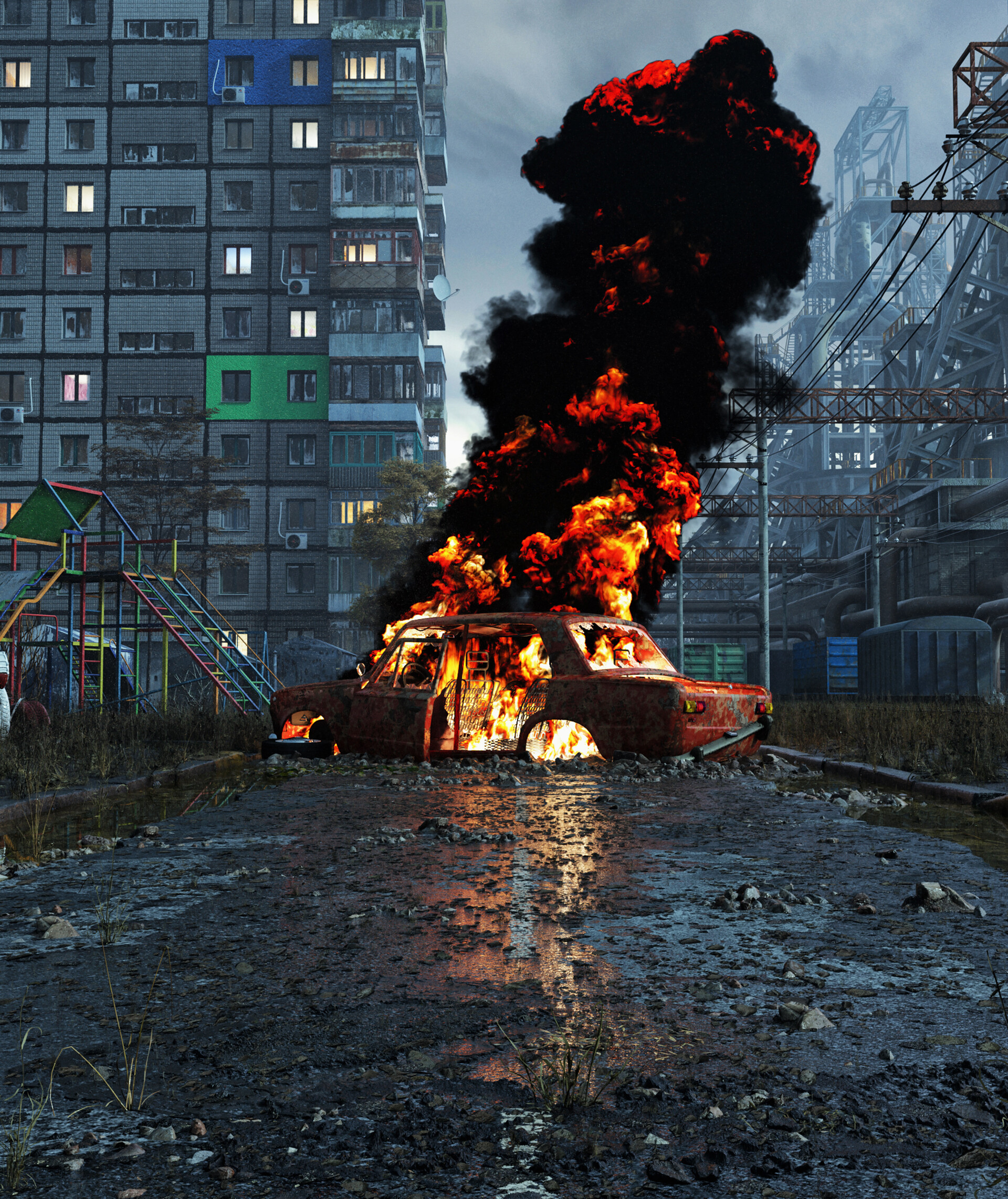 victor rudenko cgi burning car 3d