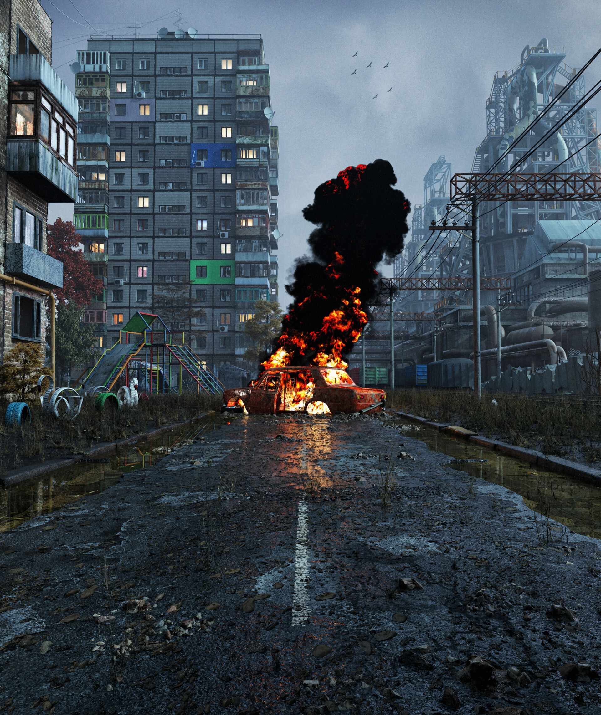 victor rudenko cgi burning car 3d
