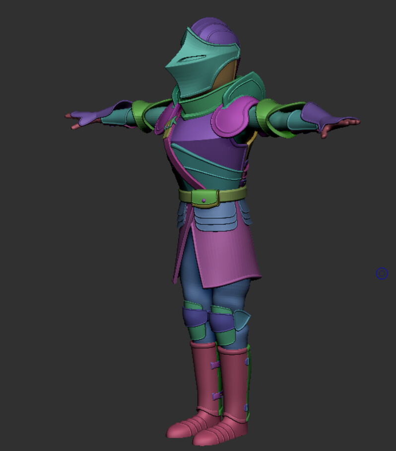 Close to final Armor with polygroups shown.  I make use of polygroups in Zbrush to define my ID map for texturing.  I export the polygroups as materials in the FBX export settings.