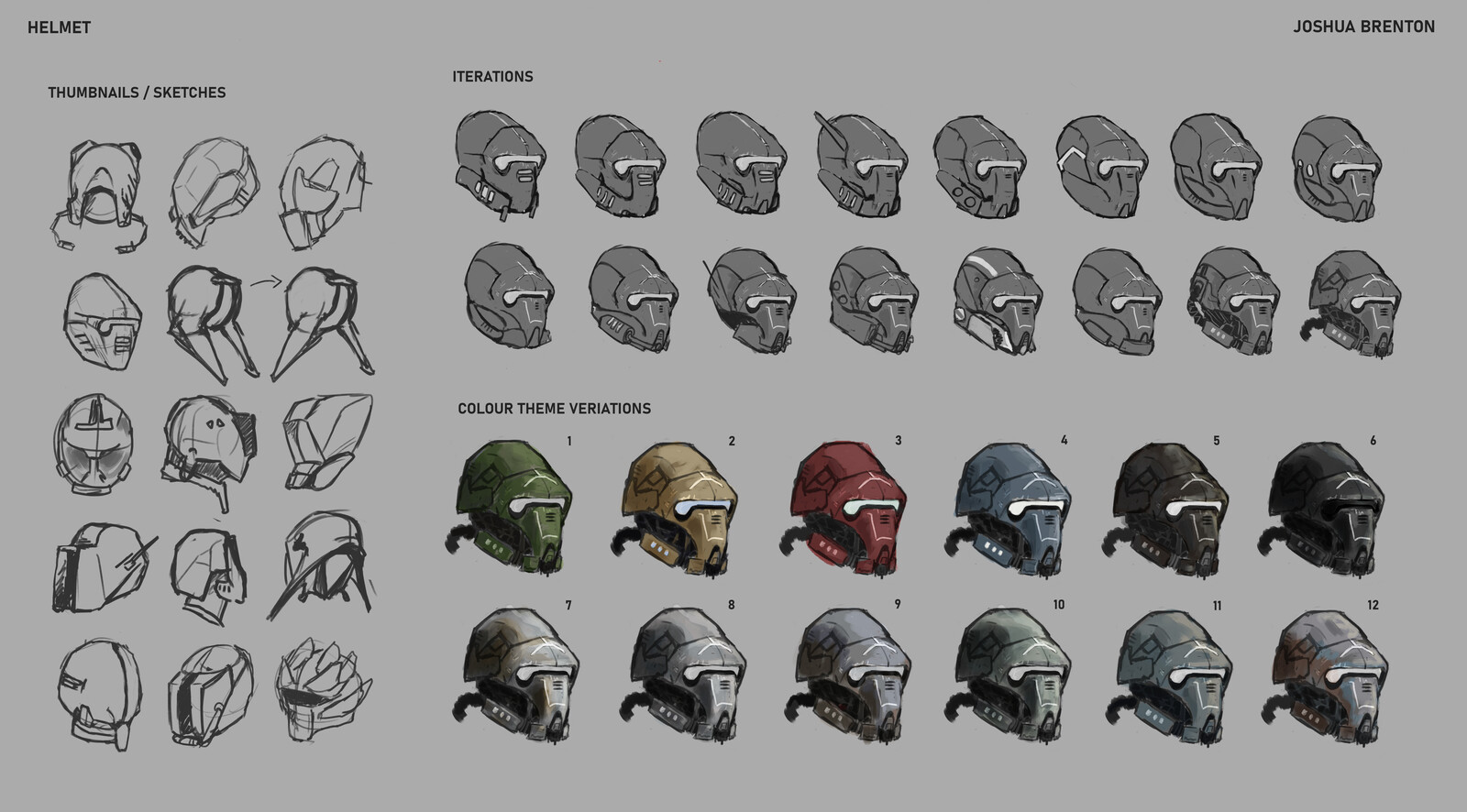 Helmet design first, with thumbnails, then iterations and colour scheme variants
