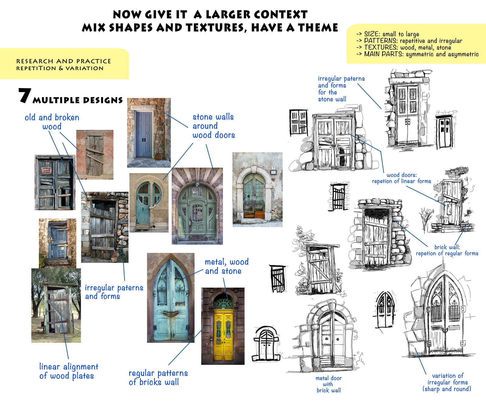 Start to work on a larger scale by creating more complex objects using with a mix of other shapes and textures. Use regular and irregular shapes and place them symmetric and asymmetric.