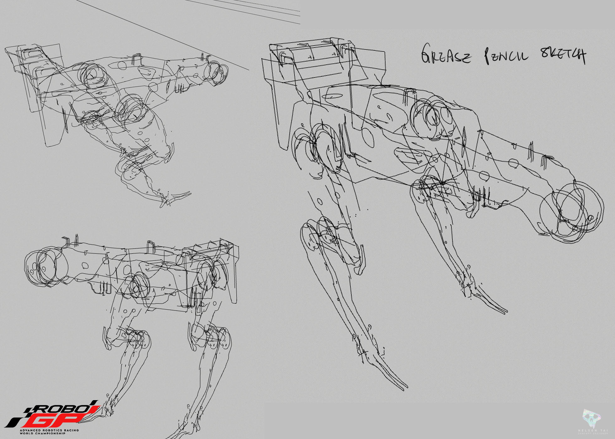 Initial grease pencil sketches to work out the logic and proportions of the design! Super fun!