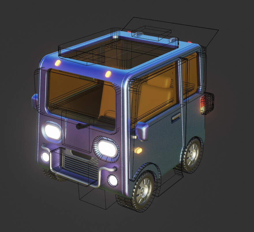 The boolean cutters that make up the car (black wireframe shapes)
