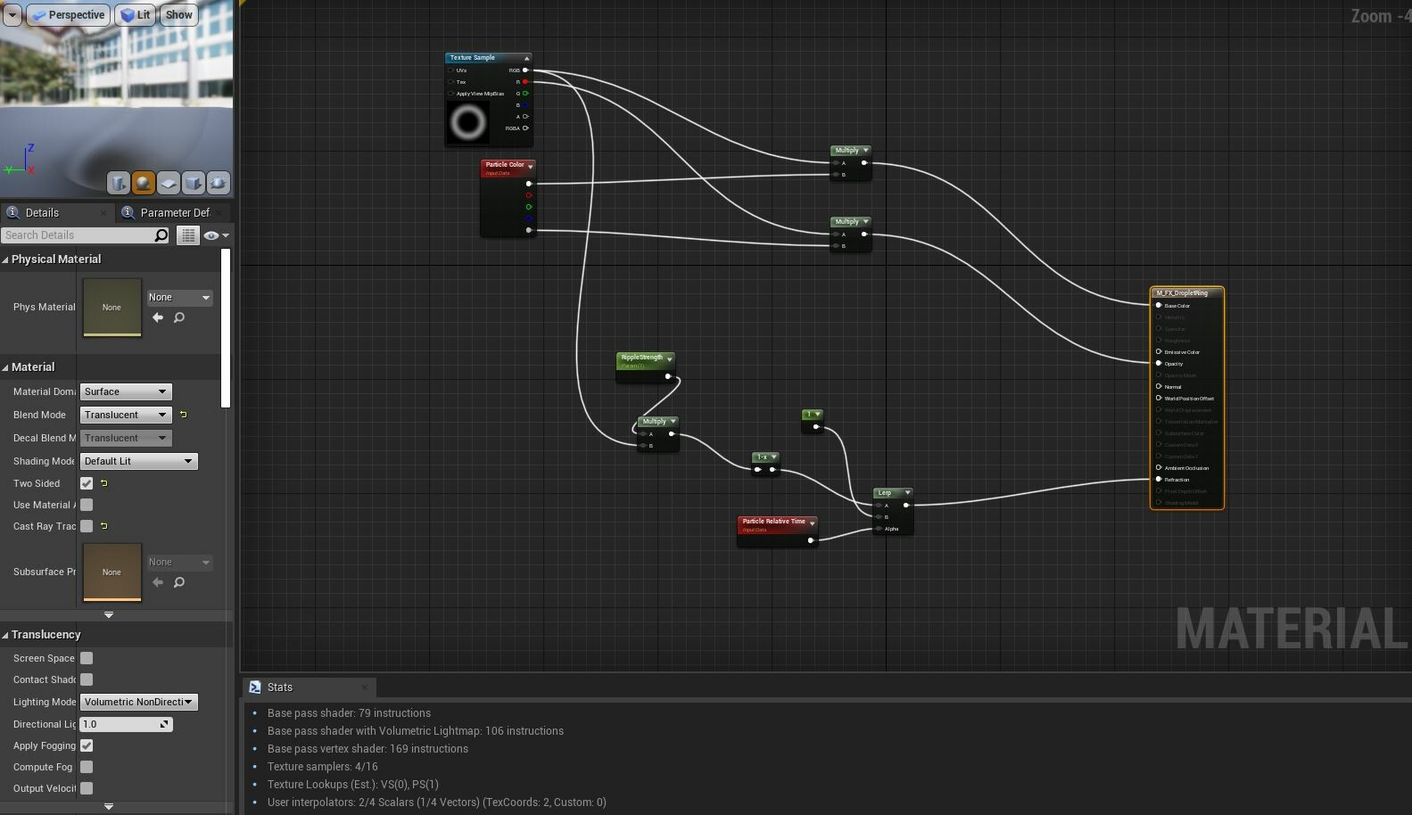 Material example for the ripple. Implemented into a particle system with growing planar meshes.