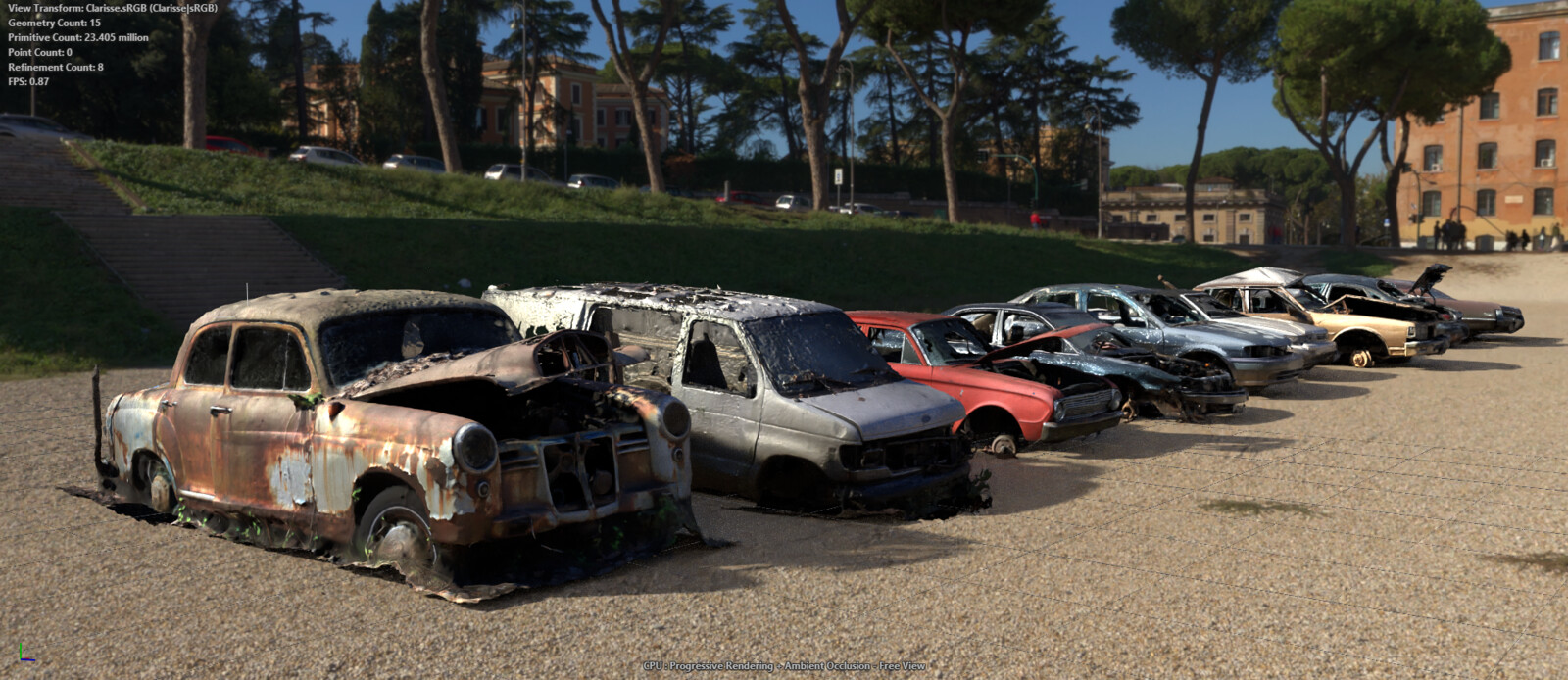 I had seen another Clarisse users work, referencing a free scan of a junkyard car on Sketchfab. I found that Renafox produces a BUNCH of free to download OBJ scans of junkyard cars. 