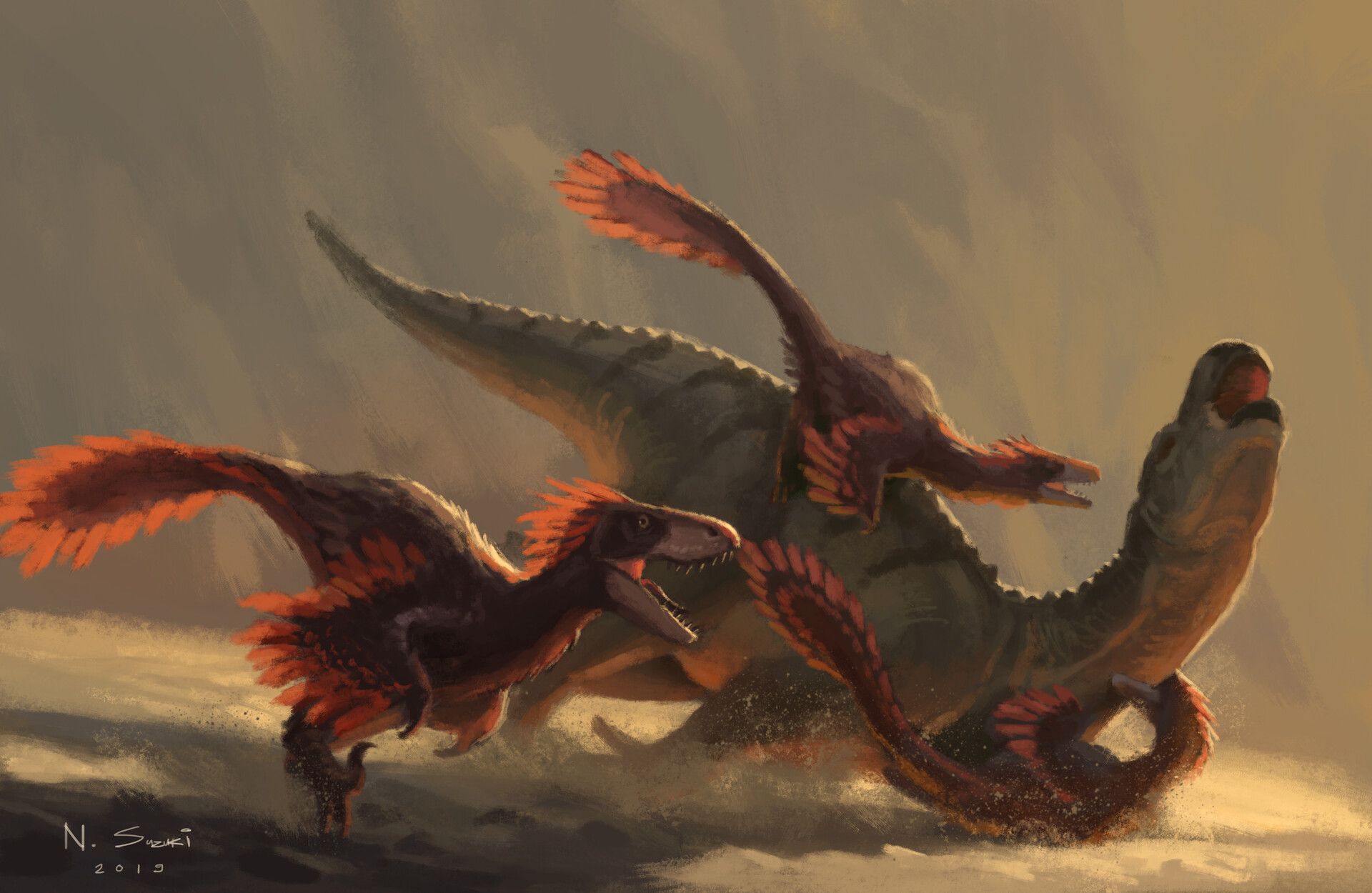 Napon Suzuki - Deinonychus hunting down Iguanodon
