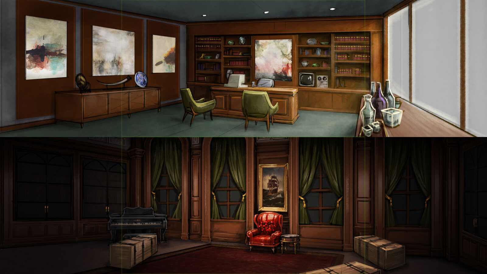 Malory's Office only changed for Events.  But that gave us the opportunity to do fun stuff like the Seamus' Bridge (1999) or Tunt Manor Library.