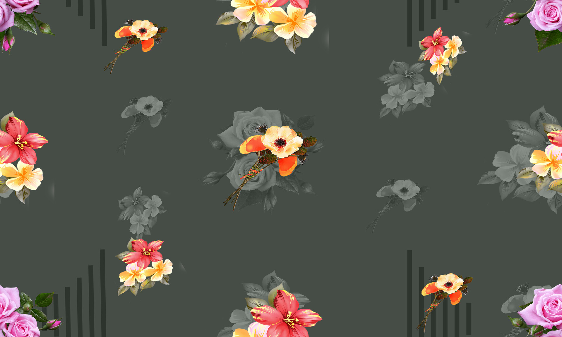 ArtStation - Seamless grey background, floral pattern with pink watercolor  flowers and green leaves.