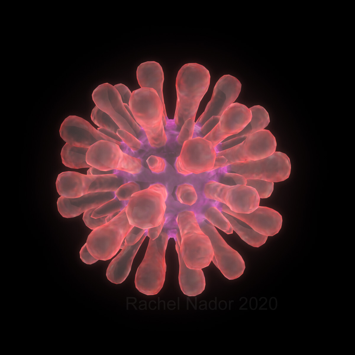Virus molecule. Light poly count (about 12,000 tris) for interactive use. Modeled in Maya, textures created in Substance Painter and Photoshop, rendered in Maya.